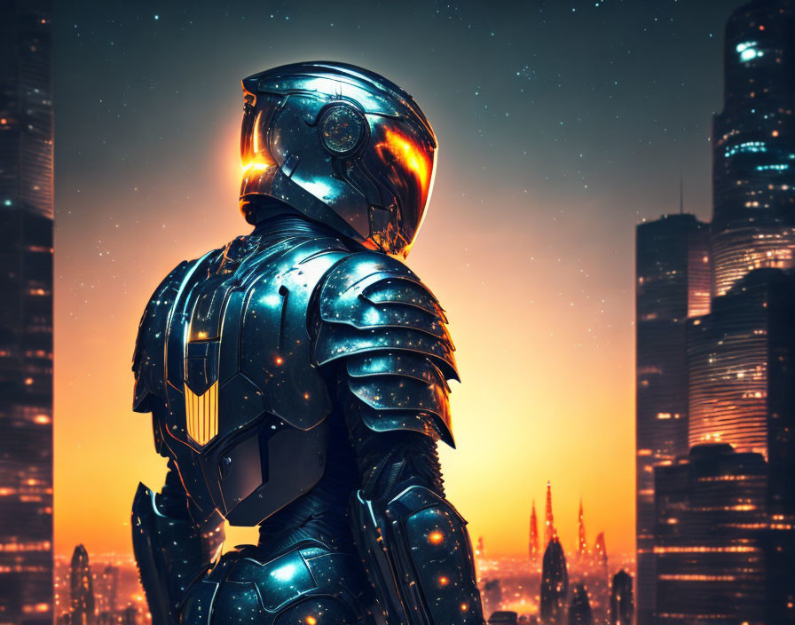 Armored figure in futuristic cityscape at sunset