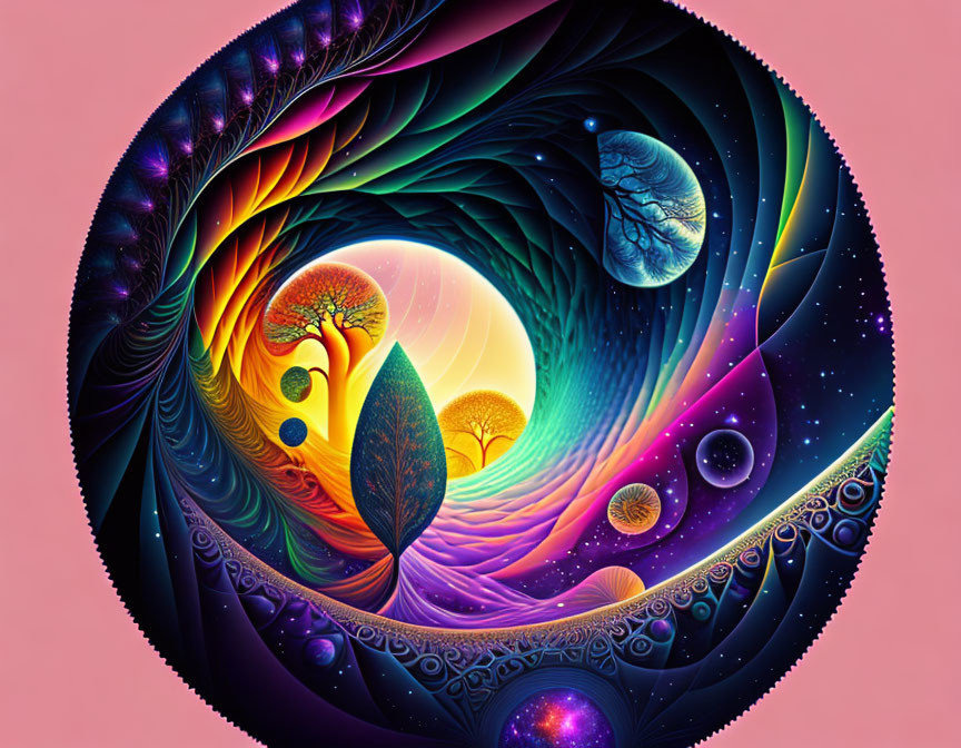 Colorful abstract cosmic design with nature elements on pink background