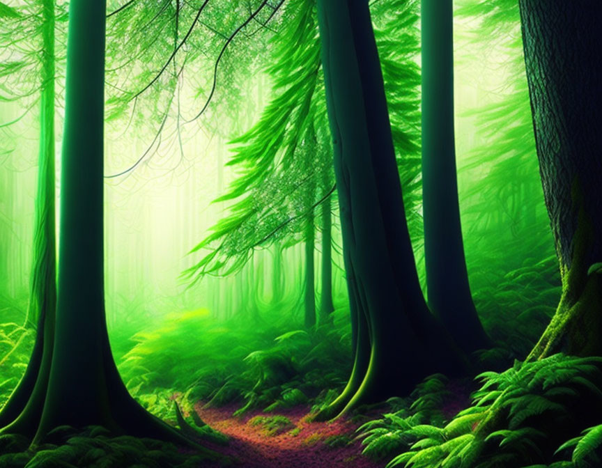 Mystical green forest with towering trees and lush undergrowth