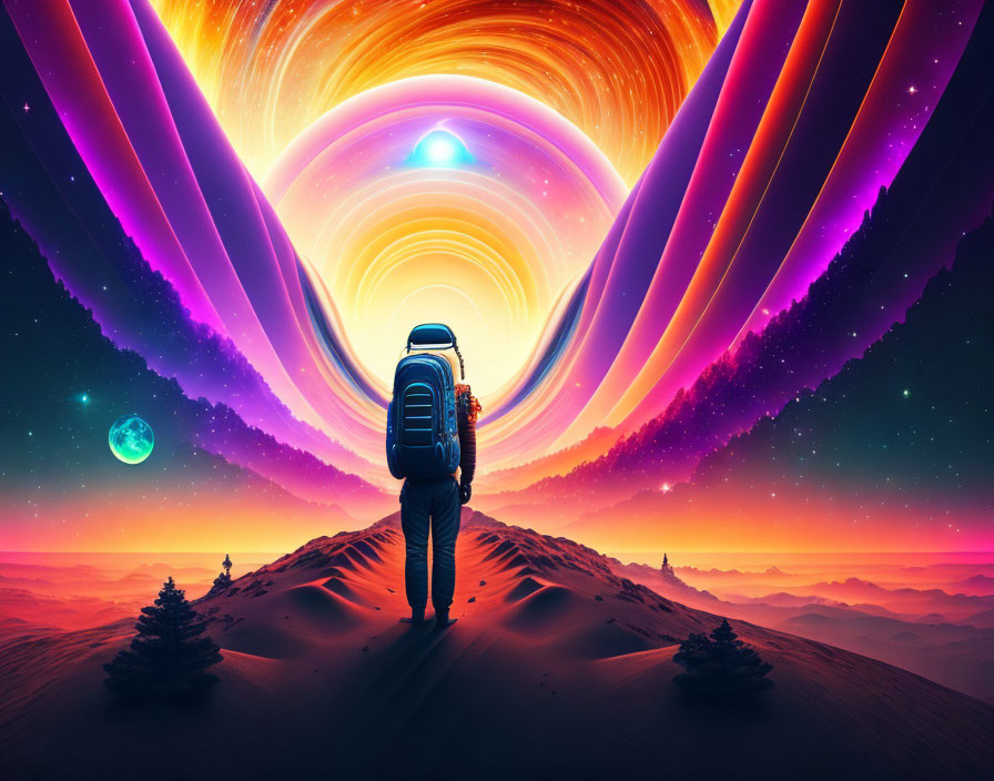 Person gazes at vibrant cosmic portal over desert dune