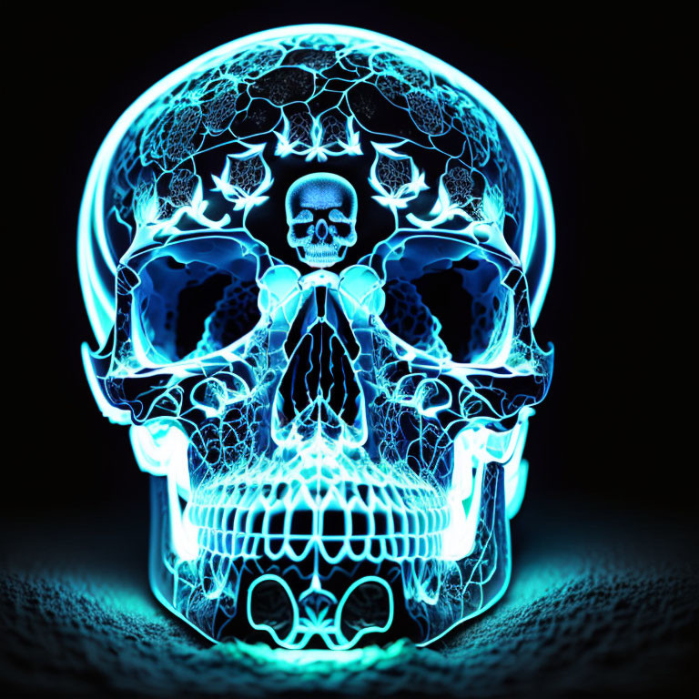 Intricate Blue-Glowing Skull with Smaller Skulls on Black Background