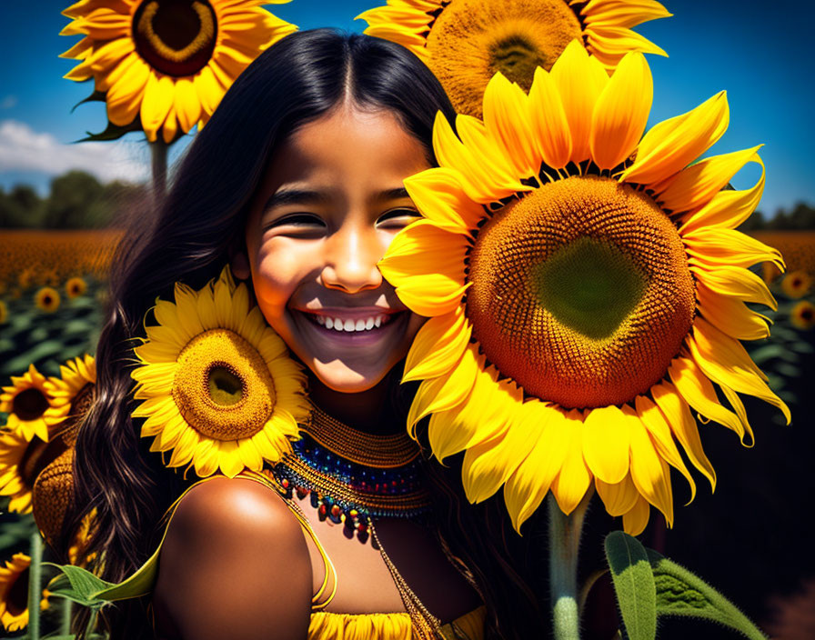 Smiling girl among sunflowers under blue sky