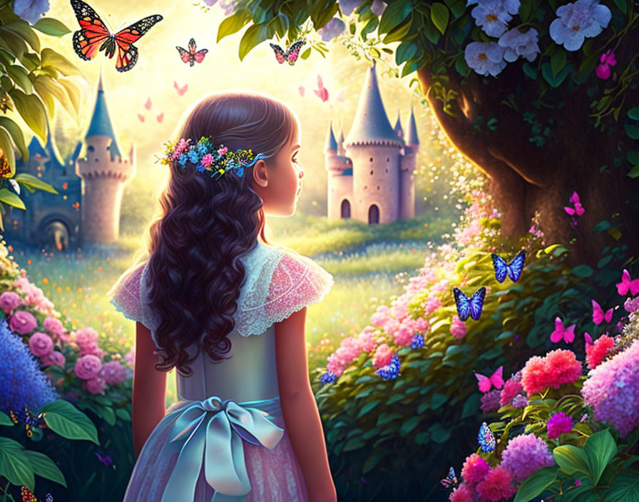 Young girl in lace dress admires fairy-tale castle in vibrant garden.