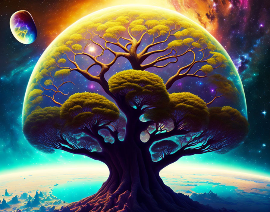 Surreal cosmic landscape with vibrant tree and celestial bodies