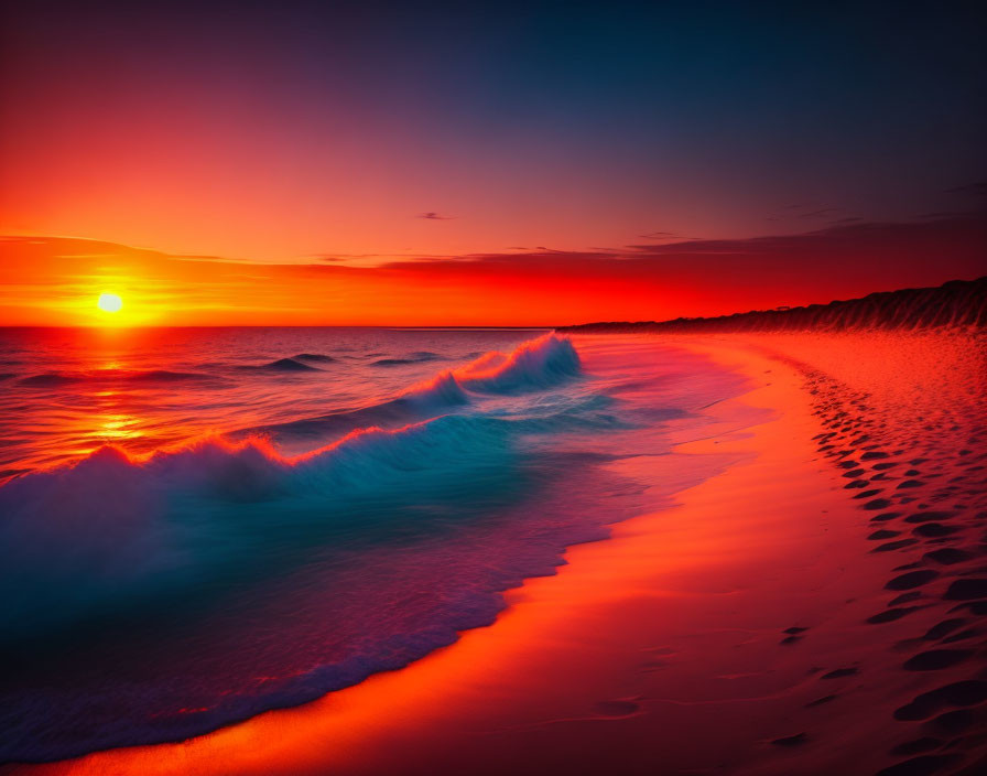 Colorful sunset over ocean waves with red and blue hues.