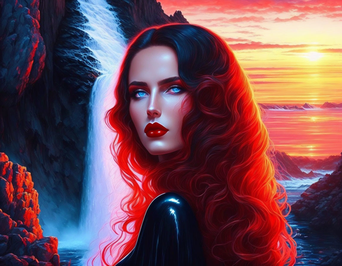 Vivid digital artwork of a woman with red hair against coastal sunset