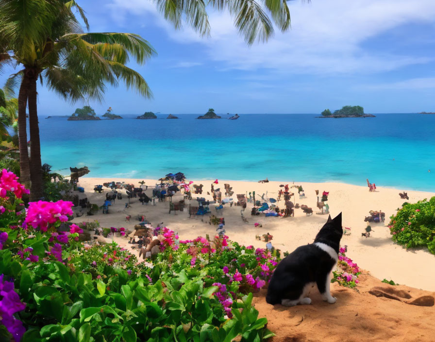 Dog on Tropical Beach with People, Flowers, Palm Trees