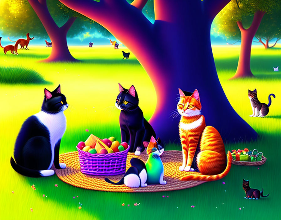 Vibrant forest scene with colorful cats and fruit baskets