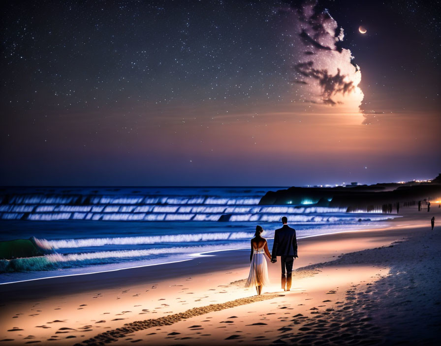 Couple walking on beach at night under starry sky with crescent moon and gentle waves.