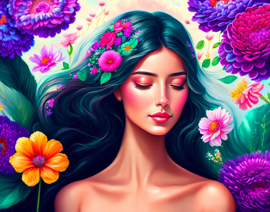 Colorful illustration: Woman with blue hair and floral adornments in vibrant garden.