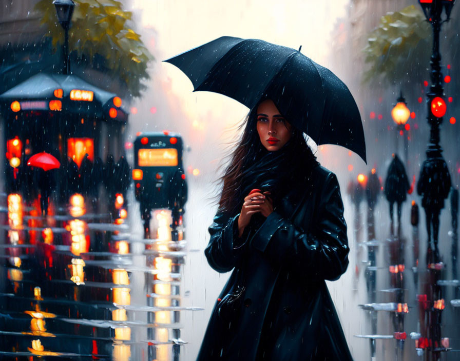 Woman with black umbrella on rainy city street with red lights & passing vehicles