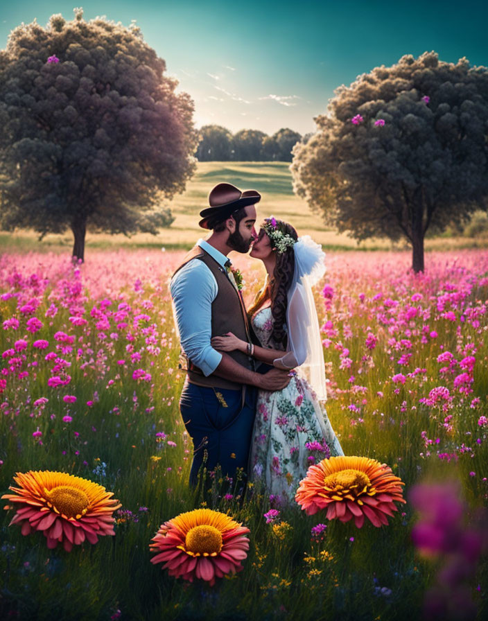 Couple kissing in vibrant flower field with trees and sunlight