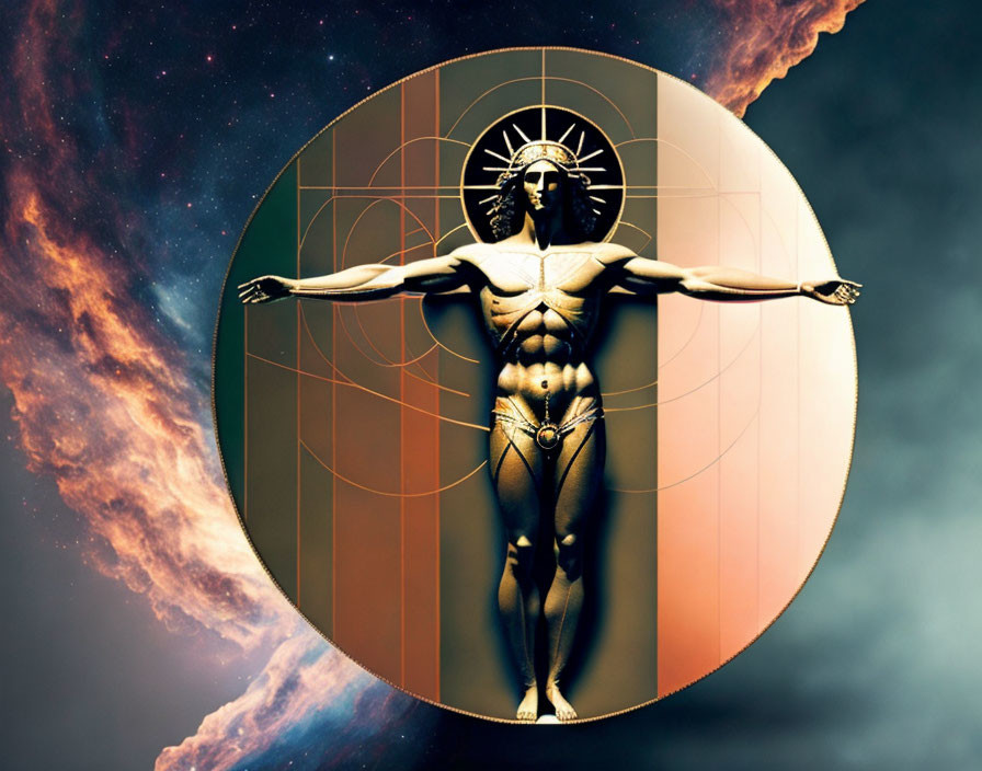 Golden Vitruvian Man in Cosmic Space Artwork