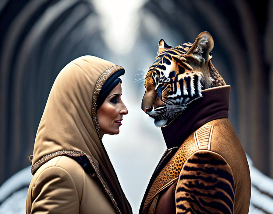 Woman in hijab and tiger in human clothing gaze at each other in blurred architectural setting