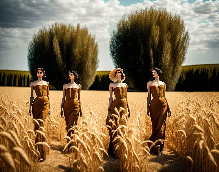 Identical women in brown dresses among wheat stalks and trees.