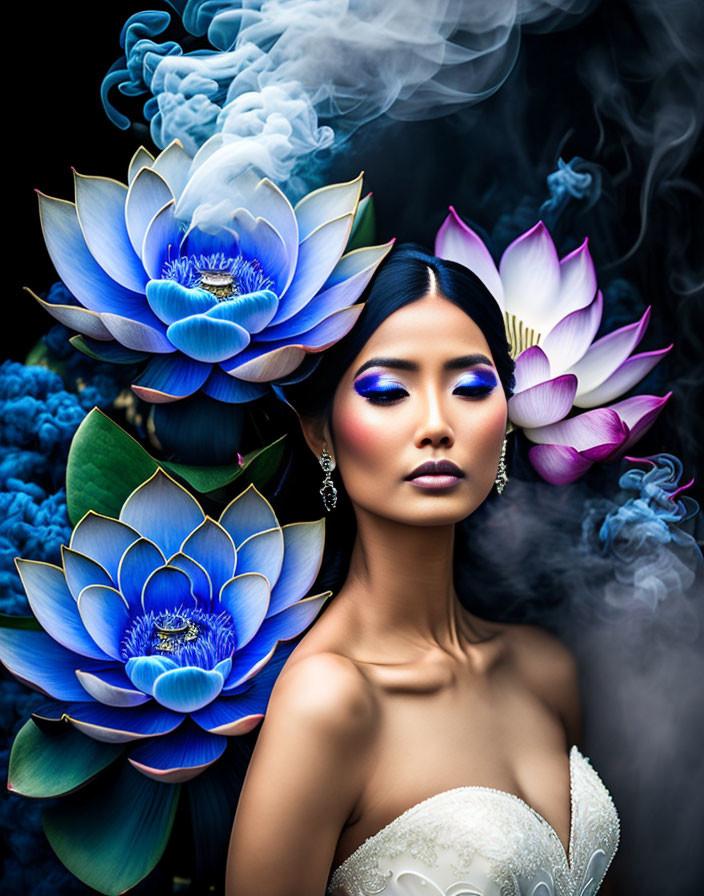 Striking makeup woman surrounded by vibrant lotus flowers