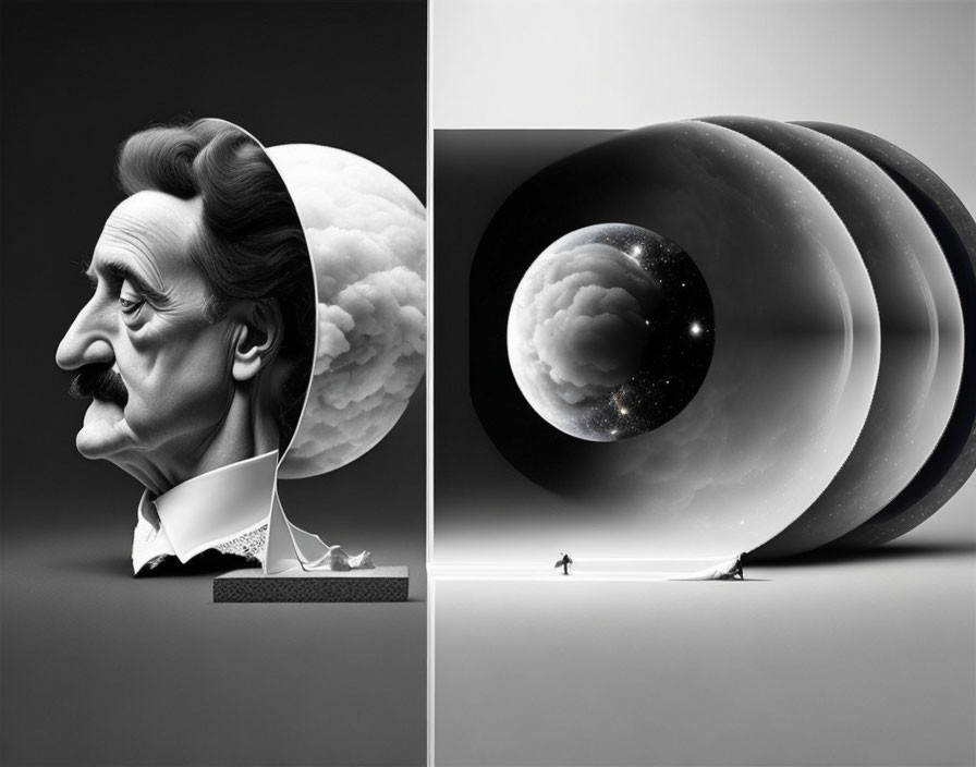 Surreal composite: man's profile merges with moons and space-scape