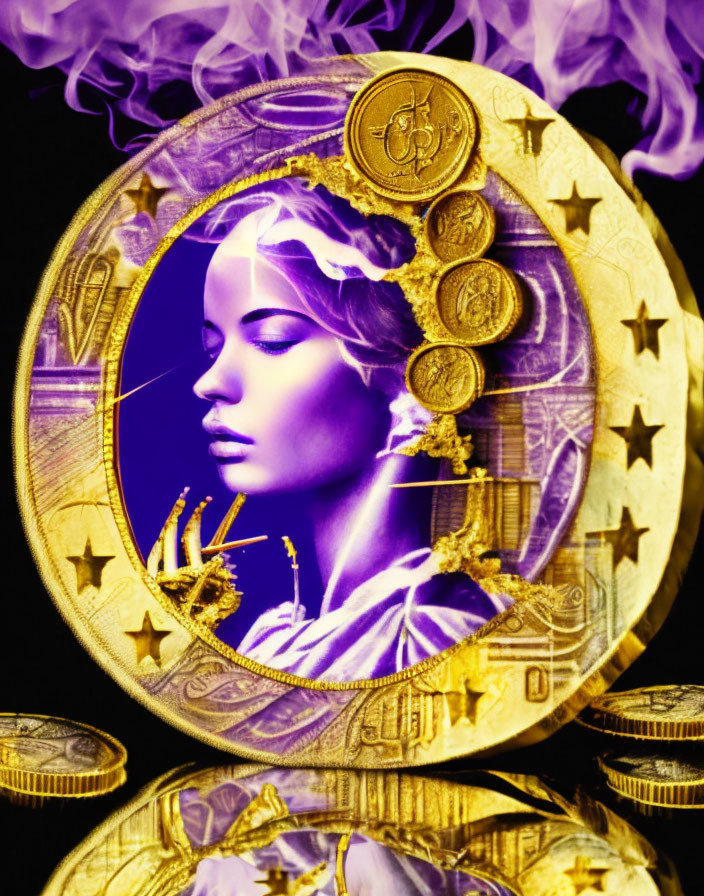 Digital artwork: Woman profile with gold coins and purple smoke on black background