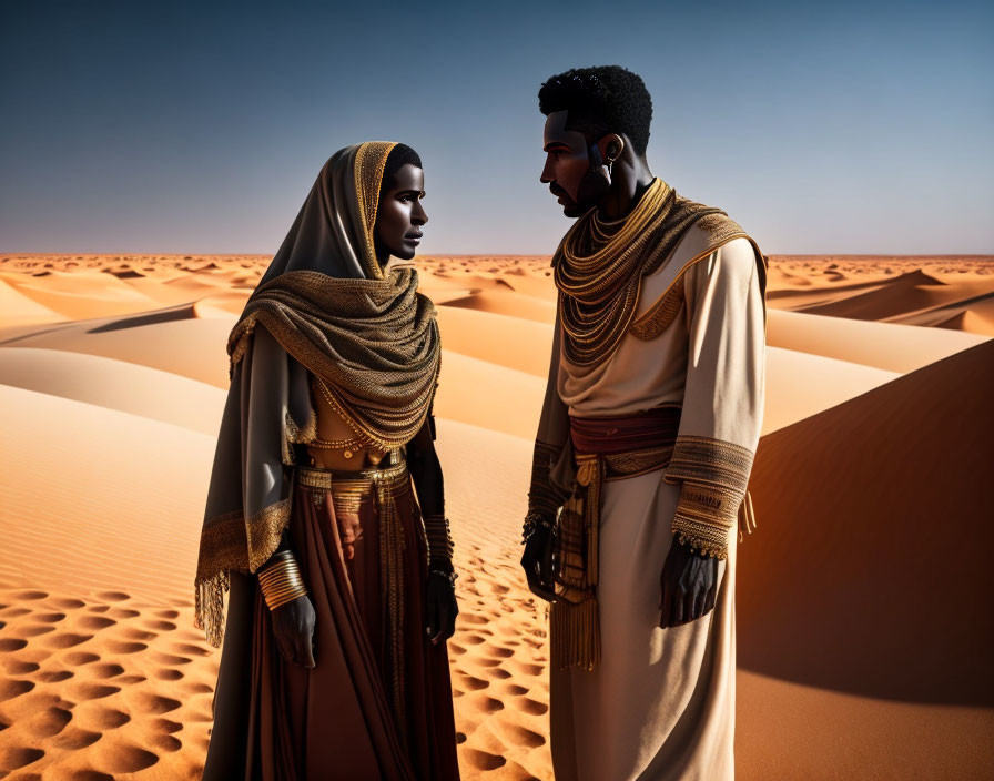 Traditional desert attire individuals conversing in sandy dunes landscape