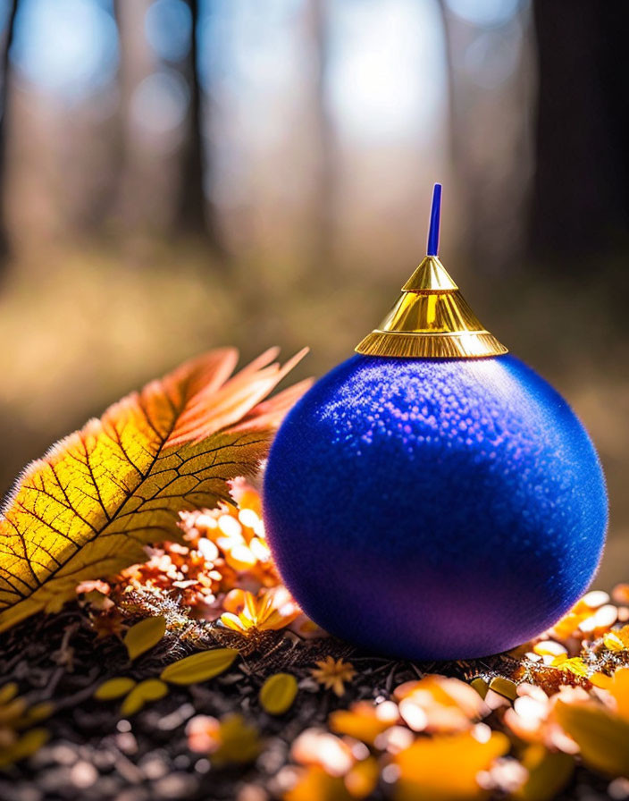 Blue Christmas ornament among autumn leaves and yellow flowers with forest bokeh.