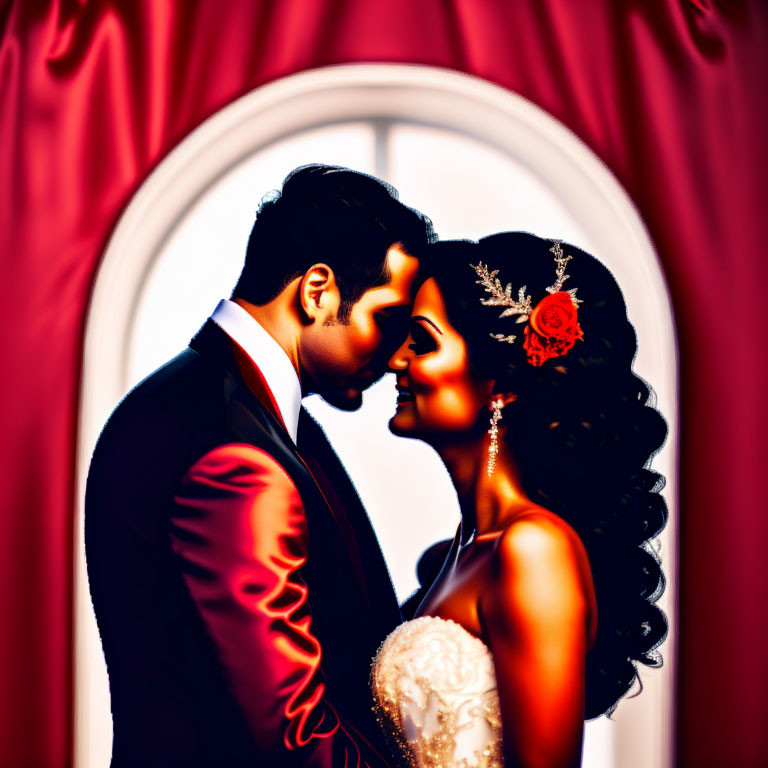 Romantic illustration of couple in elegant attire kissing against red backdrop