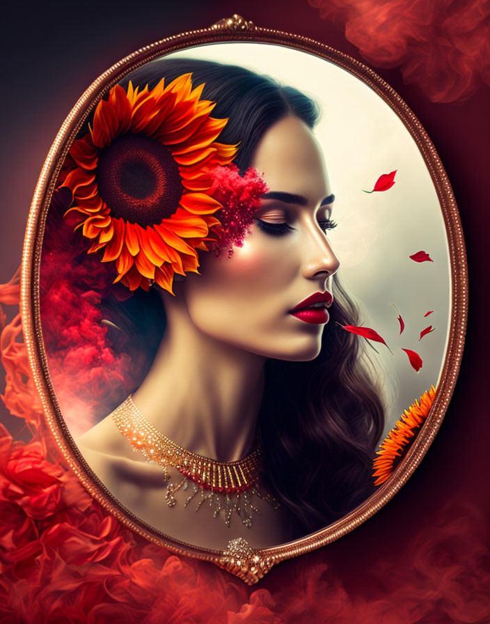 Vibrant digital artwork of a woman with sunflowers in her hair and red smoky background