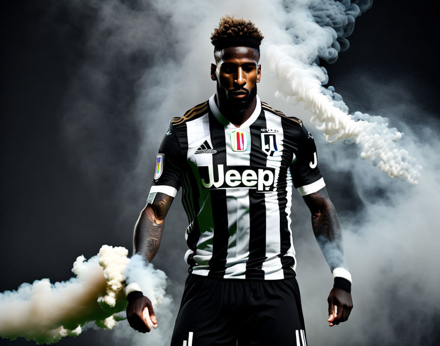 Male athlete in Juventus jersey with stylized hair in confident pose against dark background