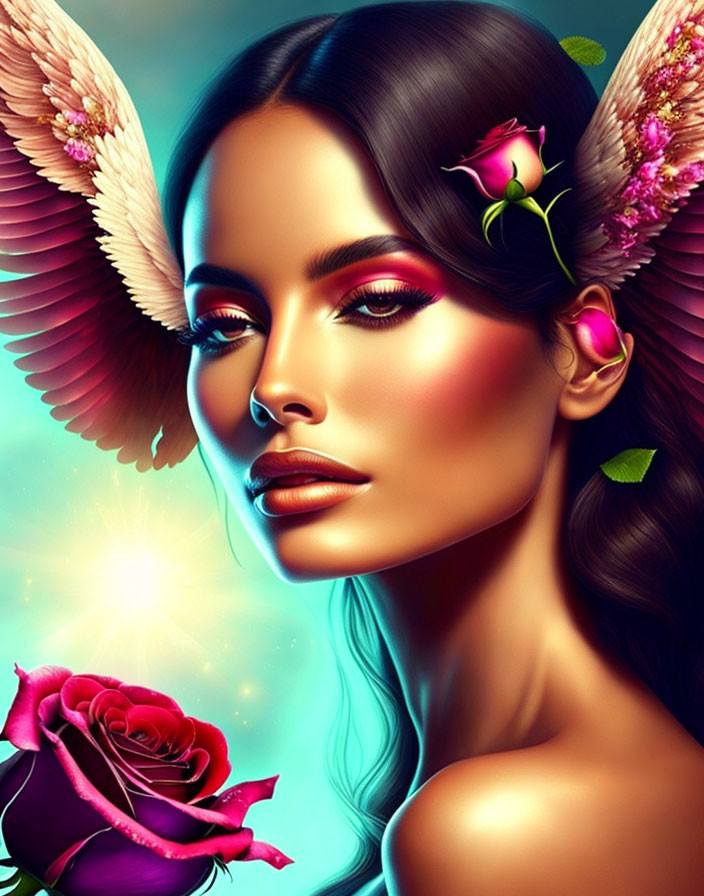 Digital Artwork: Woman with Angel Wings and Rose on Teal Background