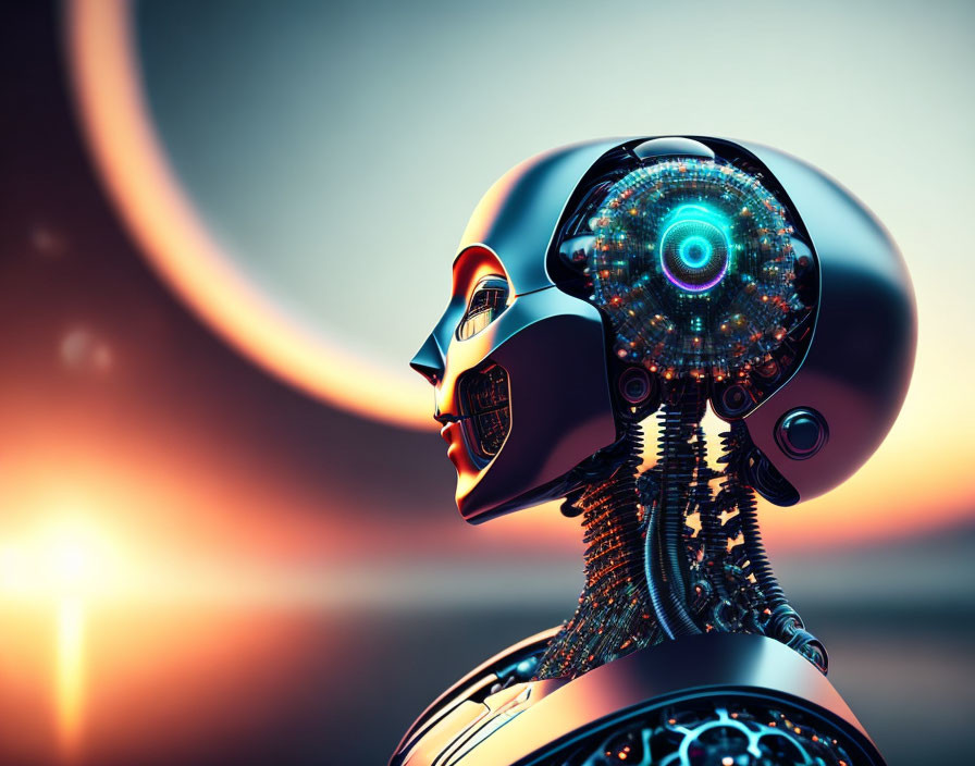 Detailed humanoid robot head with gears and circuits against sunset.