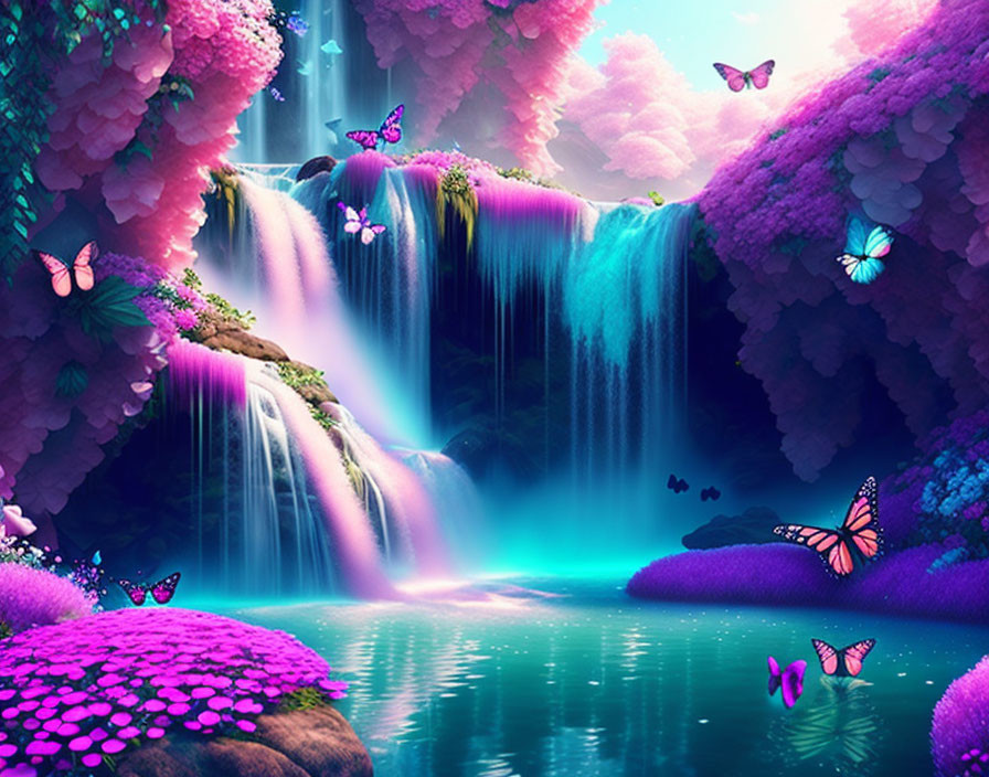 Colorful landscape with pink foliage, turquoise waterfall, and butterflies