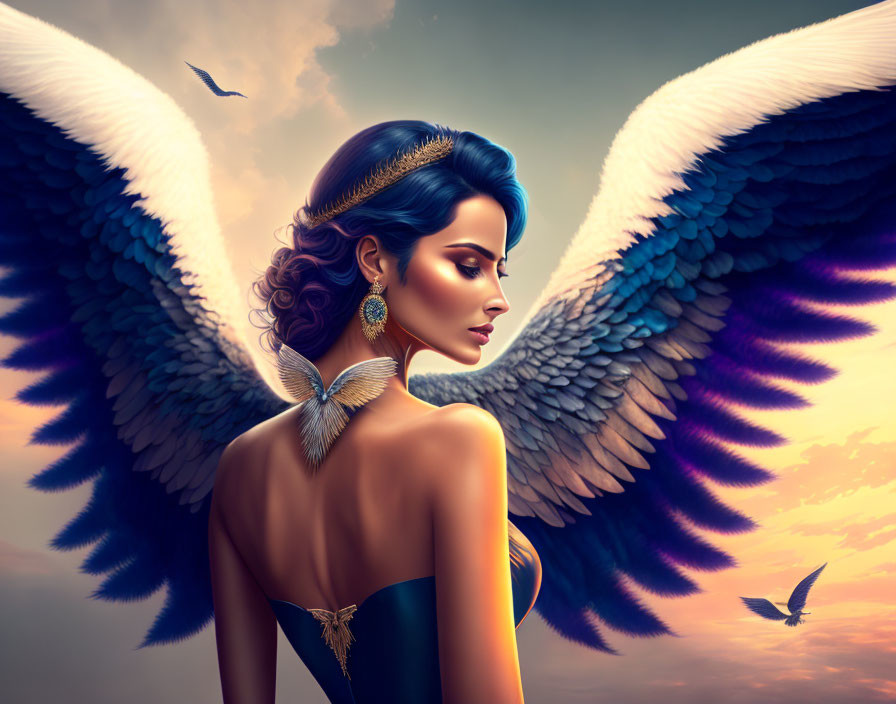 Digital artwork featuring woman with angel wings against blue and purple sky.