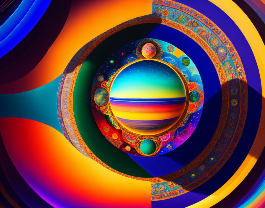 Colorful swirling cosmic scene with central planet and ornate patterns