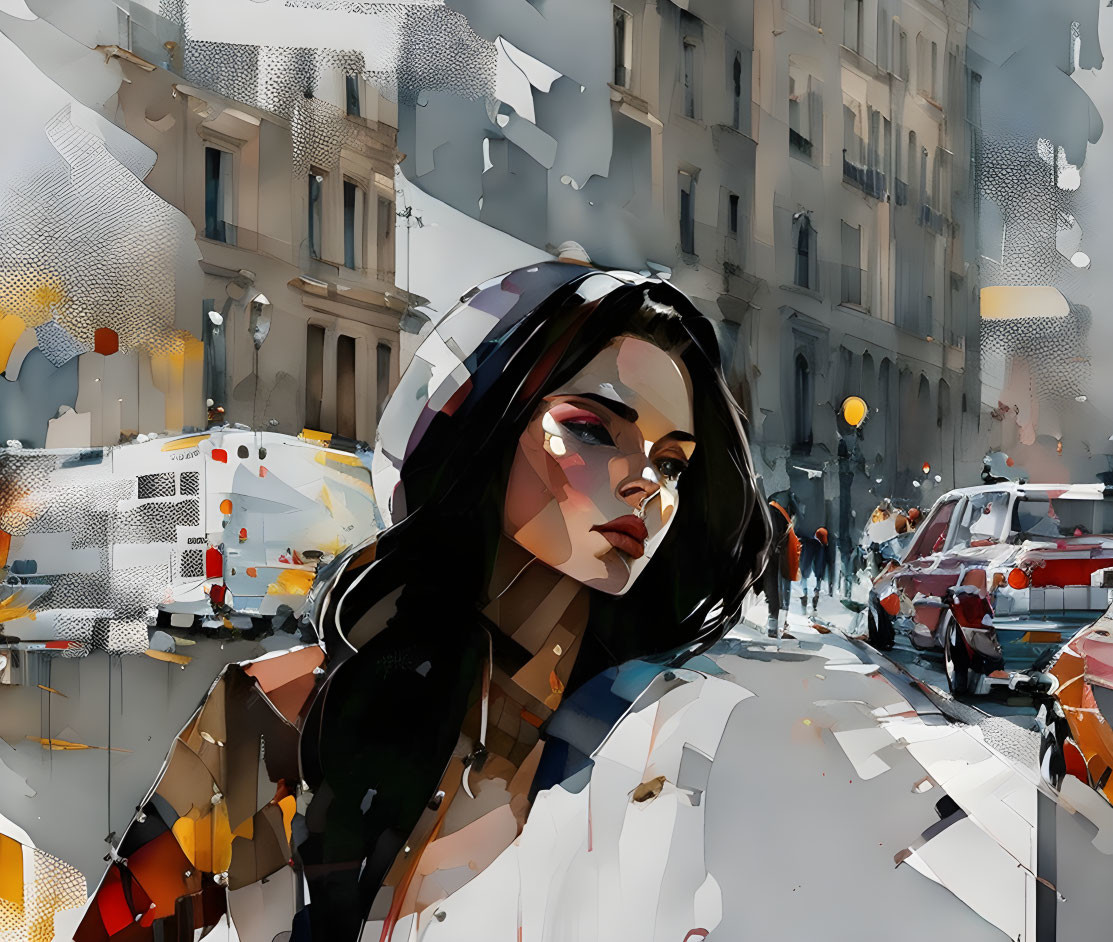 Stylized woman in modern cityscape with abstract elements