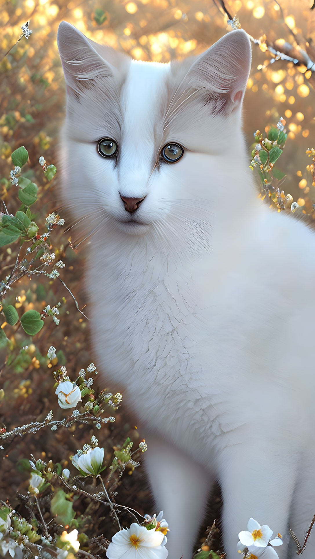 White Cat with Amber Eyes Surrounded by Blooming Flowers and Bokeh Light