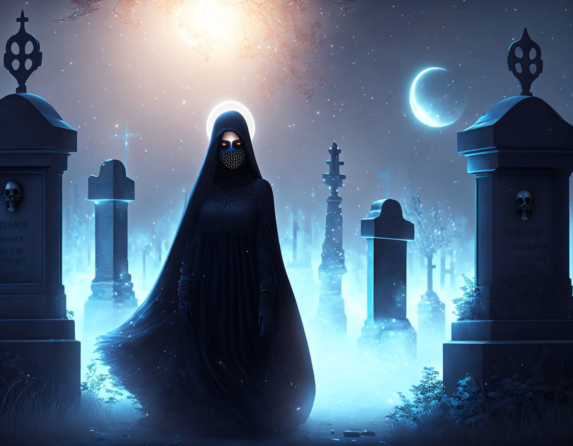 Mysterious cloaked figure with glowing halo in moonlit graveyard