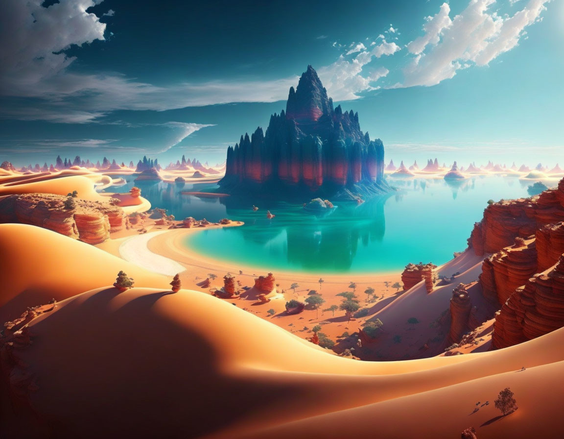 Surreal landscape with towering mountain, desert dunes, serene lake, and floating islands