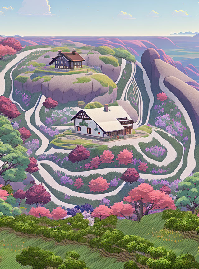 Vibrant flower-filled landscape with terraced hills and quaint houses