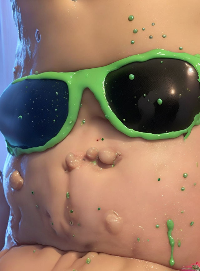 Close-Up Shot: Person Covered in Green Slime with Black-Lensed Sunglasses