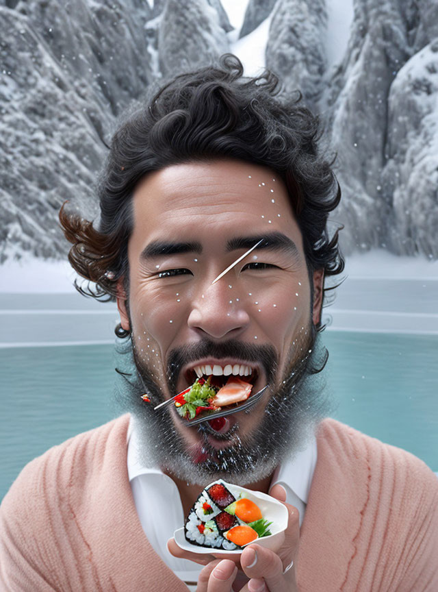 Bearded man eating sushi in snowy mountains.