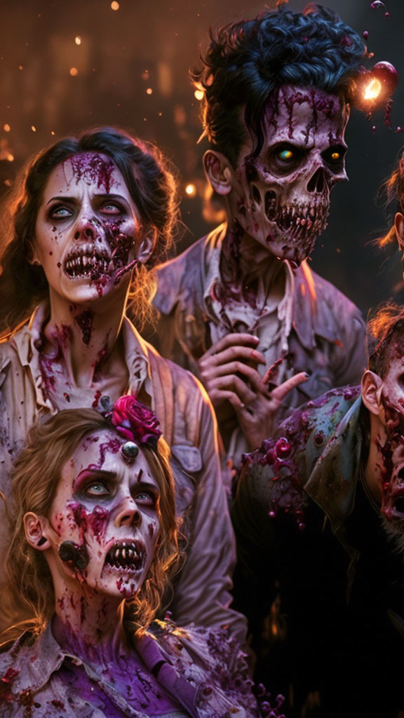 Three individuals in elaborate zombie makeup against a dark, moody background