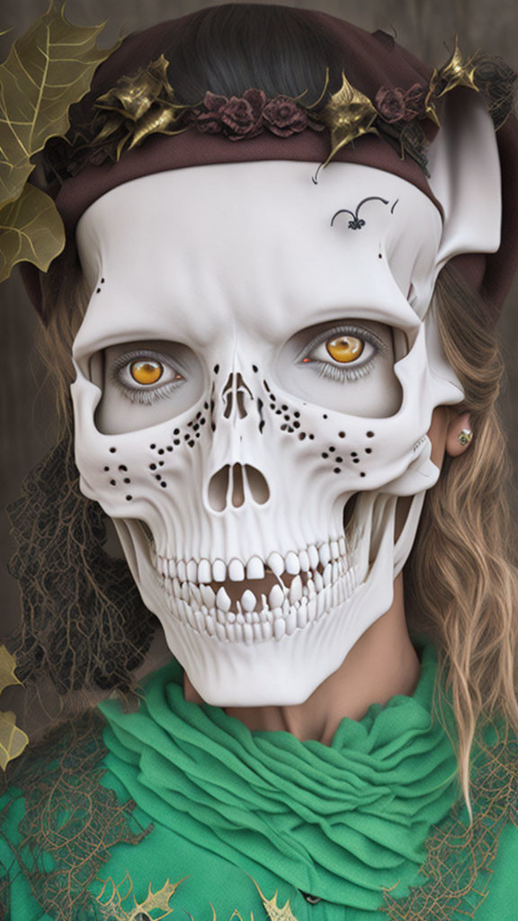 Digital artwork: Woman with skeletal face in green scarf, floral headband, and earring, iv