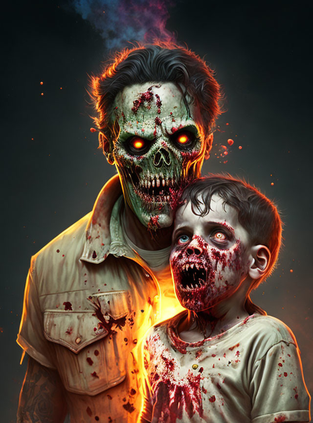 Adult and child in zombie makeup against dark background with fire-like embers