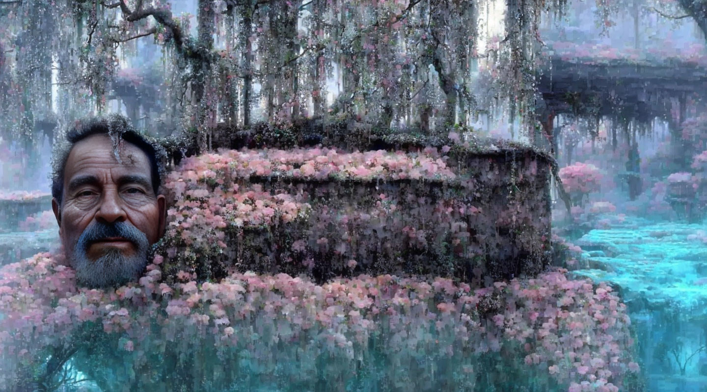 Man's face merges with surreal landscape of pink flowers and mossy trees