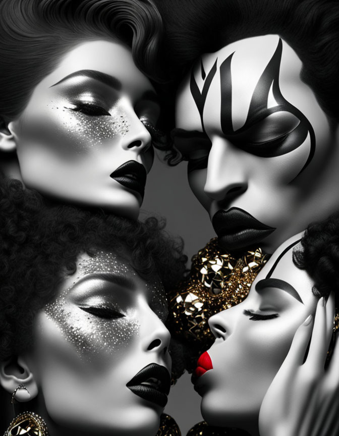 Four women with artistic makeup and dramatic expressions in monochrome image.