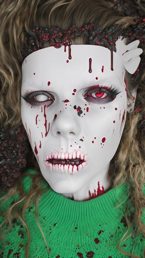 Person with white face paint, red blood drips, dark eyes, berry adornments, and green