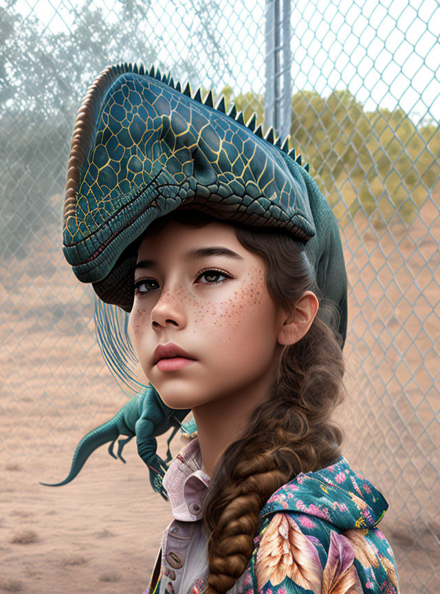 Young girl with braided hair calmly poses with photorealistic dinosaur on head against fence and nature backdrop