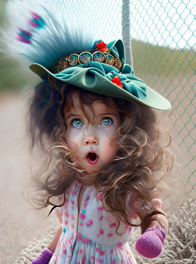 Blue-eyed doll in green hat and floral dress peeking through mesh with surprise