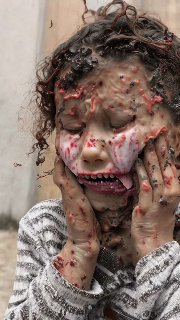 Child covered in chocolate-like substance, joyful and messy celebration.