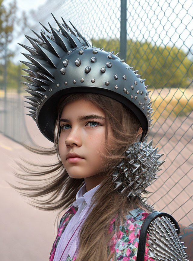 Young person with long, wavy hair in spiked helmet near chain-link fence