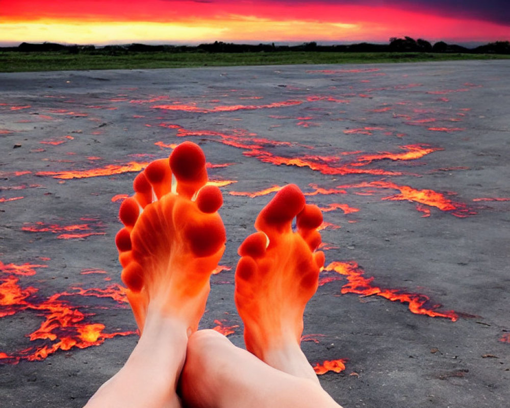 Surreal landscape with glowing lava cracks under sunset sky